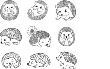 Cute Hedgehog Vector Collection  Adorable Black and White Cartoon Animals for Coloring Pages and Kids’ Designs .