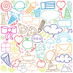 hand drawn portrait background colorful doodle vector set, love, Natural , star, cloud, weather, rainbow, flower, bubble, heart and creative design vector collection.