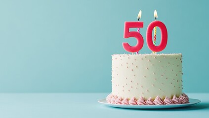 Photo of a birthday cake with the number "50" in candles on a pastel blue background, representing a half-century and mature age for men or women on their 50th anniversary.