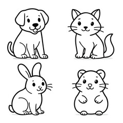 Fototapeta premium Black and white cute pet set — dog, cat, bunny, and hamster illustrations 