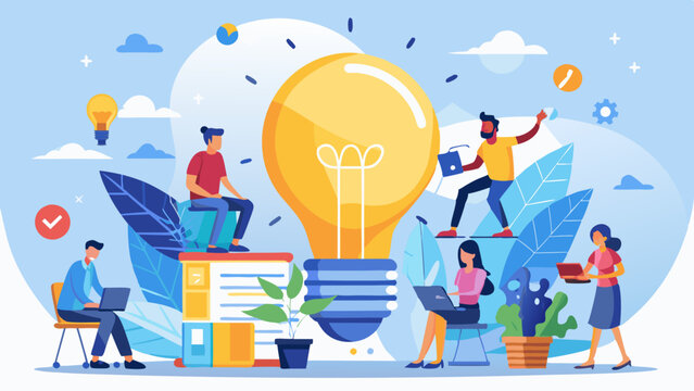 Giant light bulb brainstorming session with creative inventors team. 