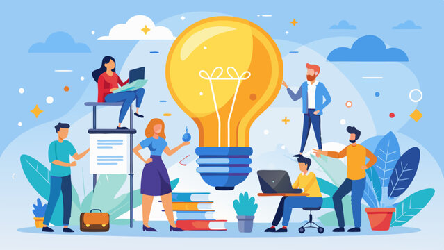 Giant light bulb brainstorming session with creative inventors team. 