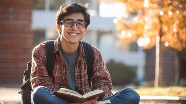 Happy college student holding an open book, sitting with crossed legs on the ground in front of the university, enjoying studying outdoors in autumn