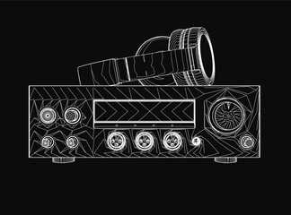 A black and white vector illustration of a boombox with intricate details and sleek contours. The retro audio equipment features headphones and a tape recorder design on a solid black background.
