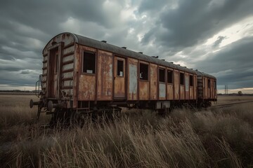 Fototapeta premium Old wagon of train. Old abandoned railway wagon standing on the siding, photo hdr