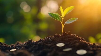 Young plant growing from soil with sunlight and coins
