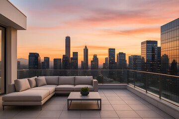 Modern Rooftop Terrace with City Skyline at Sunset