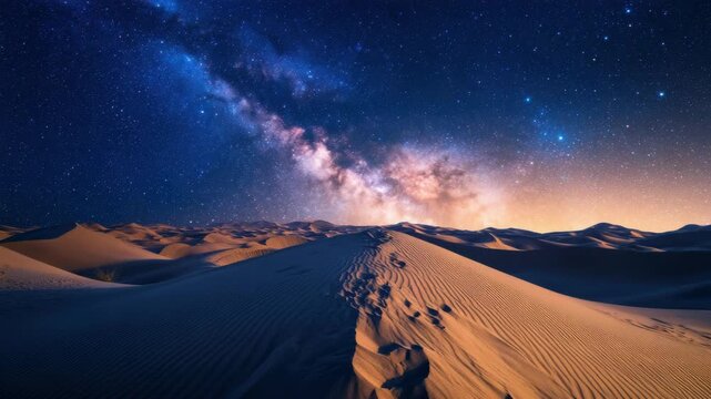A breathtaking night view of the desert with the Milky Way galaxy in full sight against the backdrop of twilight stars.