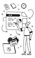 Flat vector illustration of oversized credit card used for contactless payment. Massive debit card transaction with point of sale reader in modern digital finance concept.

