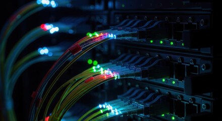 Fiber optic cables plugged into server, illuminated with green/red/blue