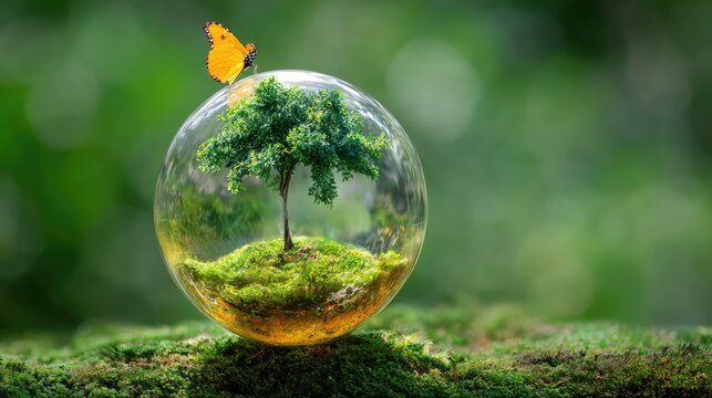 A crystal globe holds a tiny tree on moss, with a butterfly in flight against a soft green backdrop.