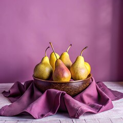 Terracotta bowl with red-yellow pears on lilac cloth atop white rustic table, set against purple background evoking autumn texture and warmth