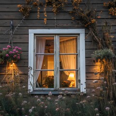 White-paned window with sheer curtains glowing in warm indoor light, framed by pink and white flowers and rustic wooden wall with dried decor