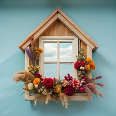 Rustic window frame shaped like house with floral border, reflecting blue sky and clouds, set against soft blue backdrop for festive charm