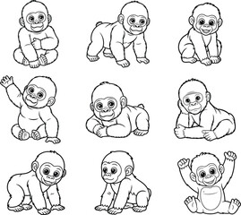 Adorable Baby Gorilla Vector Collection  Cute Cartoon Gorillas in Playful Poses for Kids and Wildlife Designs .