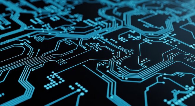 Glowing blue circuit board pattern, close-up perspective