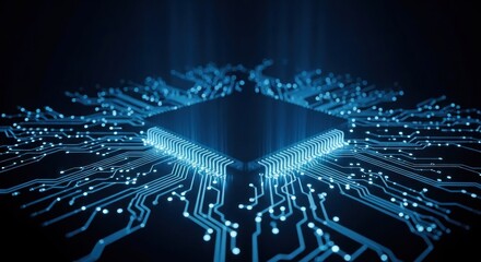 Glowing blue microchip with intricate circuit connections