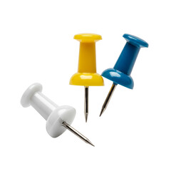 Colorful push pins in yellow, blue, and white on transparent background  