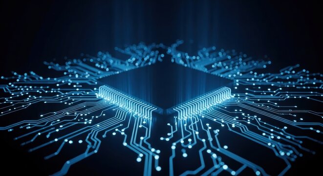 Glowing blue microchip with intricate circuit connections