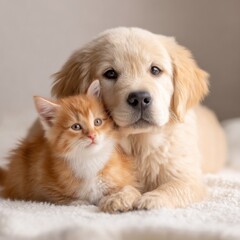 Obraz premium Golden retriever puppy and kitten cuddling