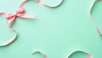 Elegant Ribbon and Bow: Delicate pink ribbon artfully arranged, forms a graceful bow against a serene turquoise backdrop.