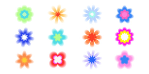 PNG Twelve colorful, stylized flower icons with varying petal shapes and gradients on transparent background