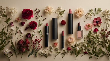 Abstract background with cosmetics and flowers. Useful for articles about beauty, cosmetics and flower arrangements.