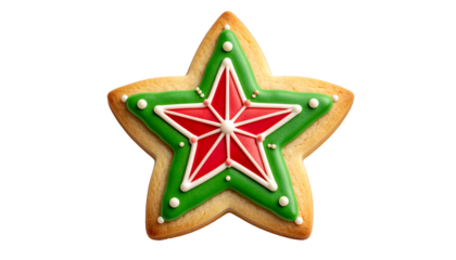 Star Shaped Sugar Cookie with green and red Frosting Isolated on Transparent or White Background.