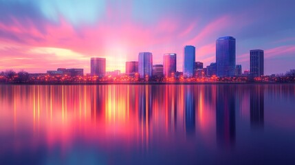 Cityscape with sunset over water, useful for city guides and real estate advertising.