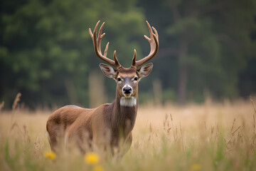 Stag Standing Tall in Grassy Field with Antlers Looking at Camera