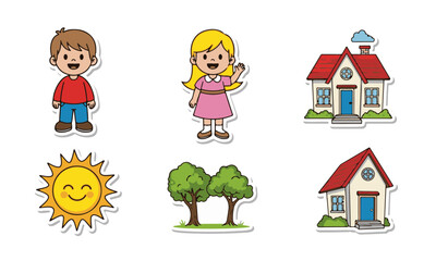 Cute Cartoon Stickers of Children, Houses, and Nature Elements