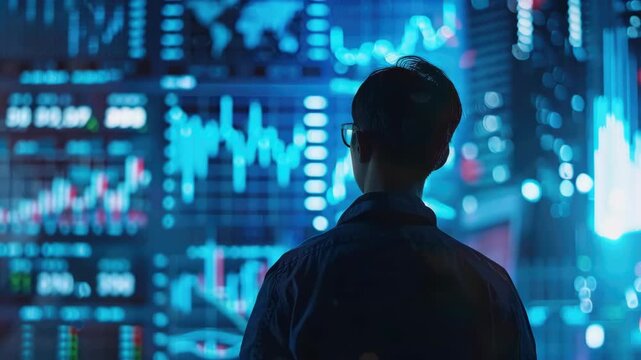 Man with VR headset, looking at futuristic data wall - Powered by Adobe