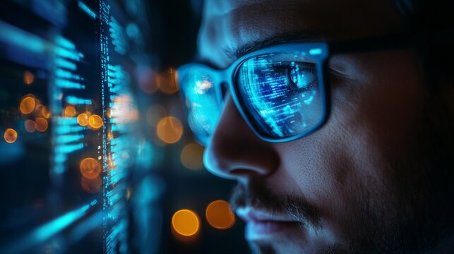 Technological view through glasses with digital data reflecting current technology. Useful for articles and presentations on technology and innovation.