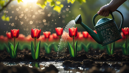 Watering Vibrant Orange Flowers in a Garden