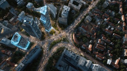 Smart city aerial view with integrated traffic systems at night