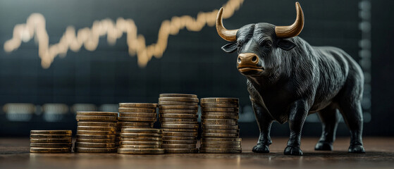 Bull statue with coins on the background of stock chart. Useful for financial articles and investment blogs.