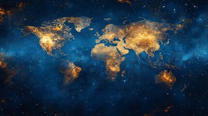 Night world map with illuminated cities illustrating global illumination. Useful for presentations on globalization, urbanization and world development.