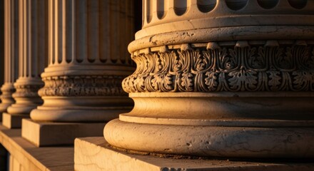 Marble column bases ornate, classic architecture, sunset lighting