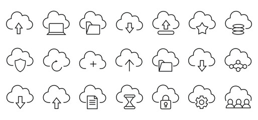 Cloud computing icons set, Outline cloud storage symbols, Cloud computing sheet icon, Data upload download sync backup access, Secure digital cloud technology icons for web app mobile ui
