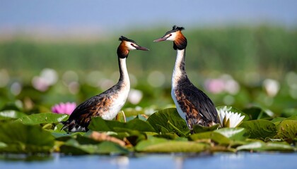 Obraz premium Two birds on lily pads in a serene natural setting