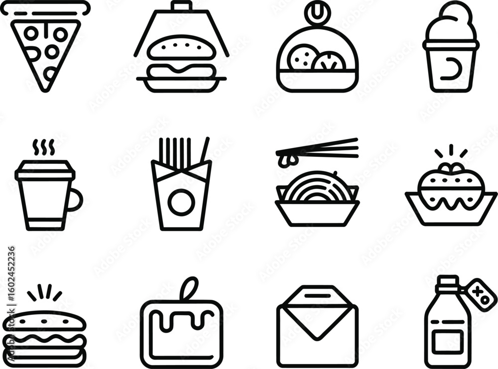 Poster Collection of simple line art icons representing popular fast food and takeout items