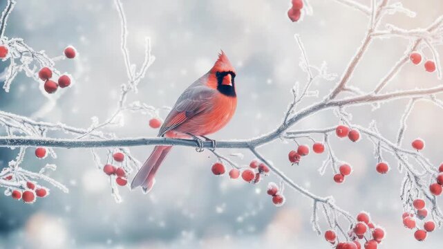 Cardinal bird perched on a snowy tree branch with berries during the winter holiday season.