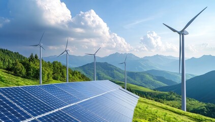 Solar panels and wind turbines on a hillside, mountains in the background. Lush greenery, clear sky, and puffy clouds