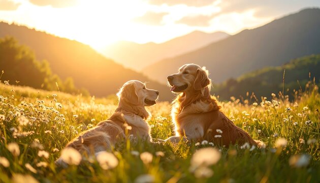 Two golden retrievers in a meadow at sunset