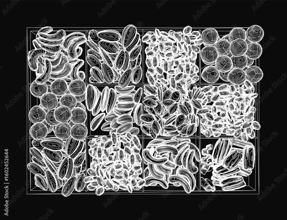 Poster black and white contour drawing of assorted nuts arranged in a grid pattern on a dark background. ea