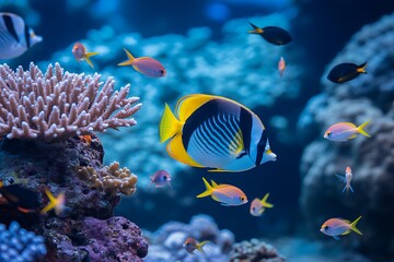 Colorful butterflyfish and anthias swim amongst vibrant coral reefs in deep blue ocean water