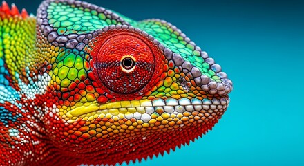 Extreme close up macro shot of a vibrant chameleon s eye and scales