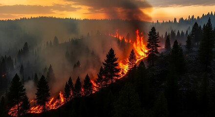 Wildfire rages across forested hillside at sunset with smoke plumes