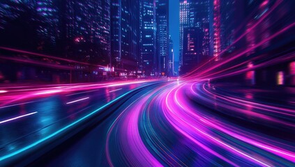 Night city street, vibrant light trails