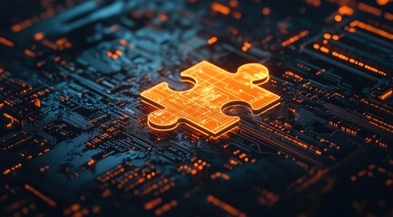 A glowing orange puzzle piece sits atop a complex circuit board